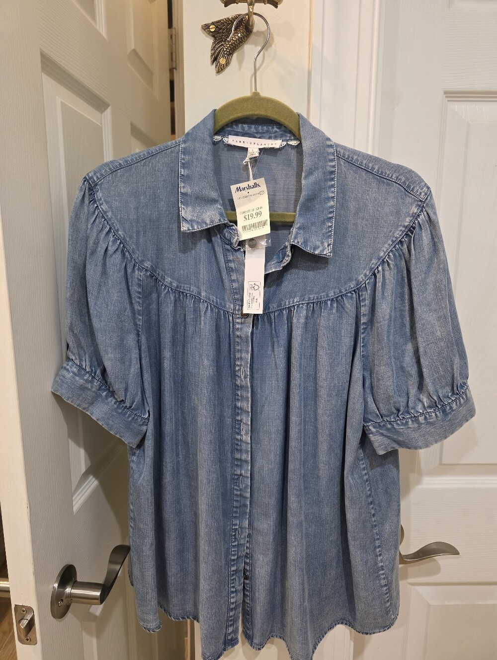 Pleated Denim Button-Front Top - Blue